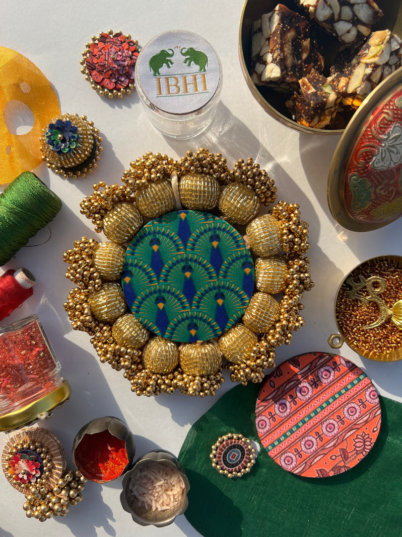 Spherical Mini Platter: Quill Mor Bani Thangat Kare + Bottle Green Navratna Patola