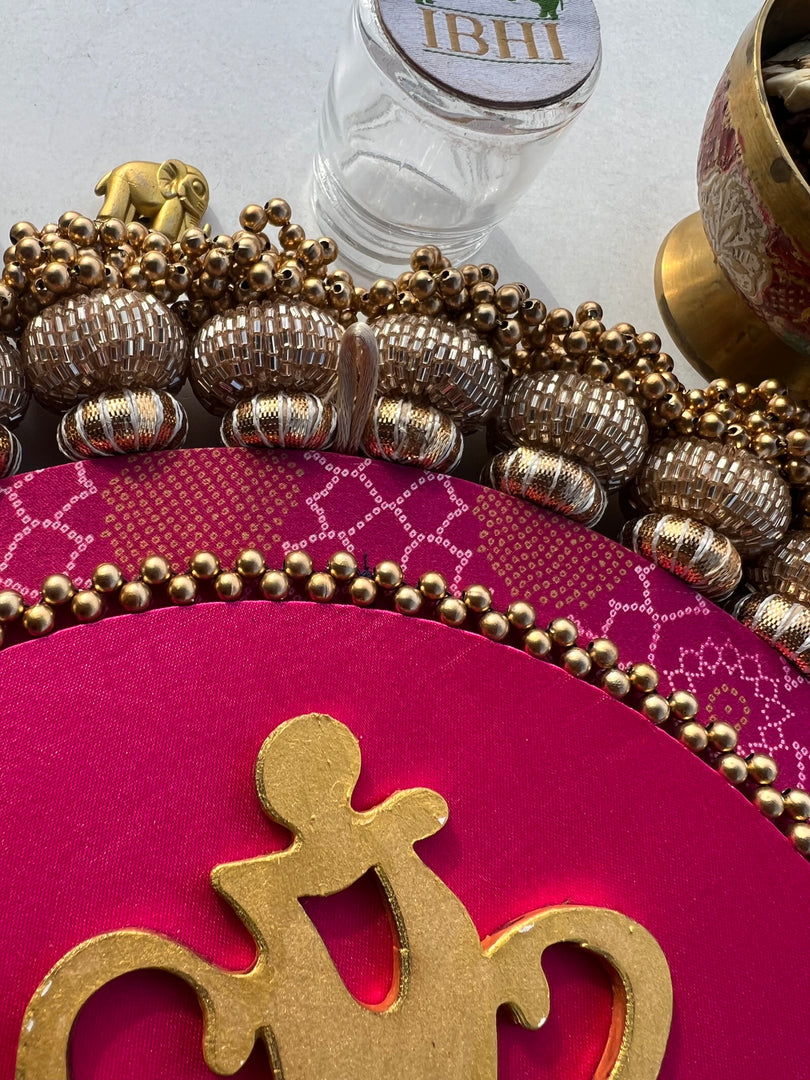 Ganesh Motif Platter + Hanging: Kamal Bandhej + Bottle Green Navratna Patola