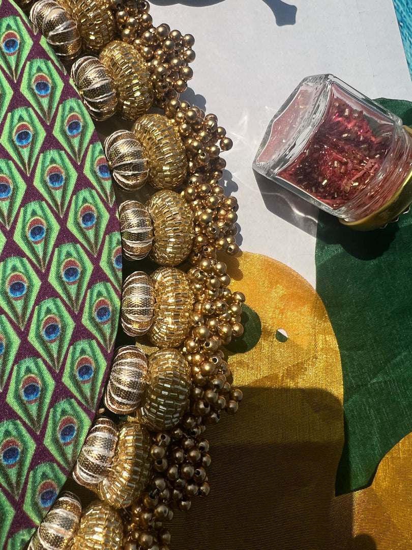 Ganesh Motif Platter + Hanging: Kamal Bandhej + Bottle Green Navratna Patola