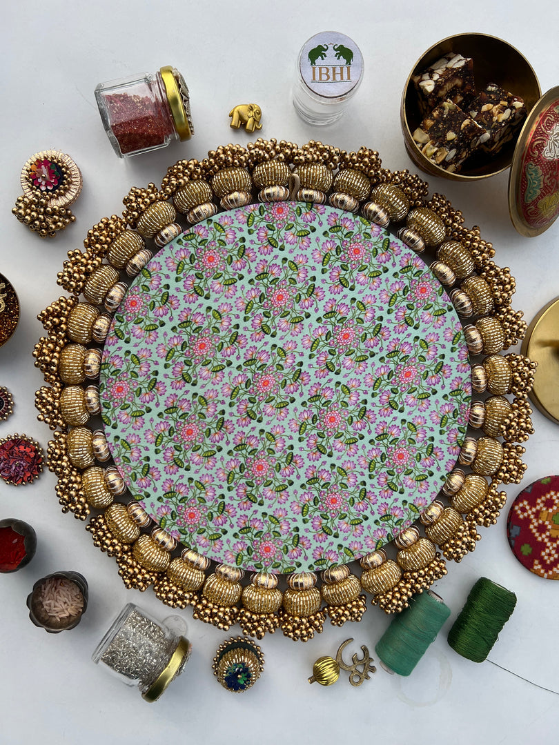 Ganesh Motif Platter + Hanging: Kamal Bandhej + Bottle Green Navratna Patola