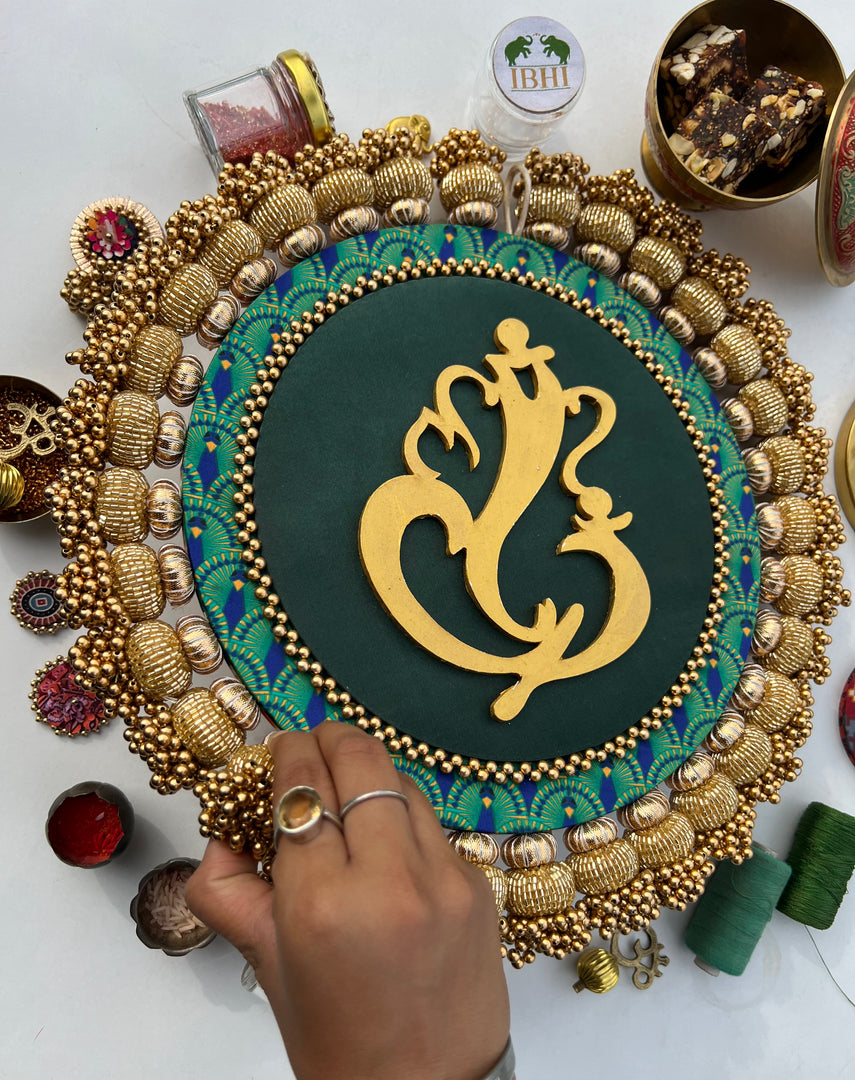 Ganesh Motif Platter + Hanging: Kamal Bandhej + Bottle Green Navratna Patola