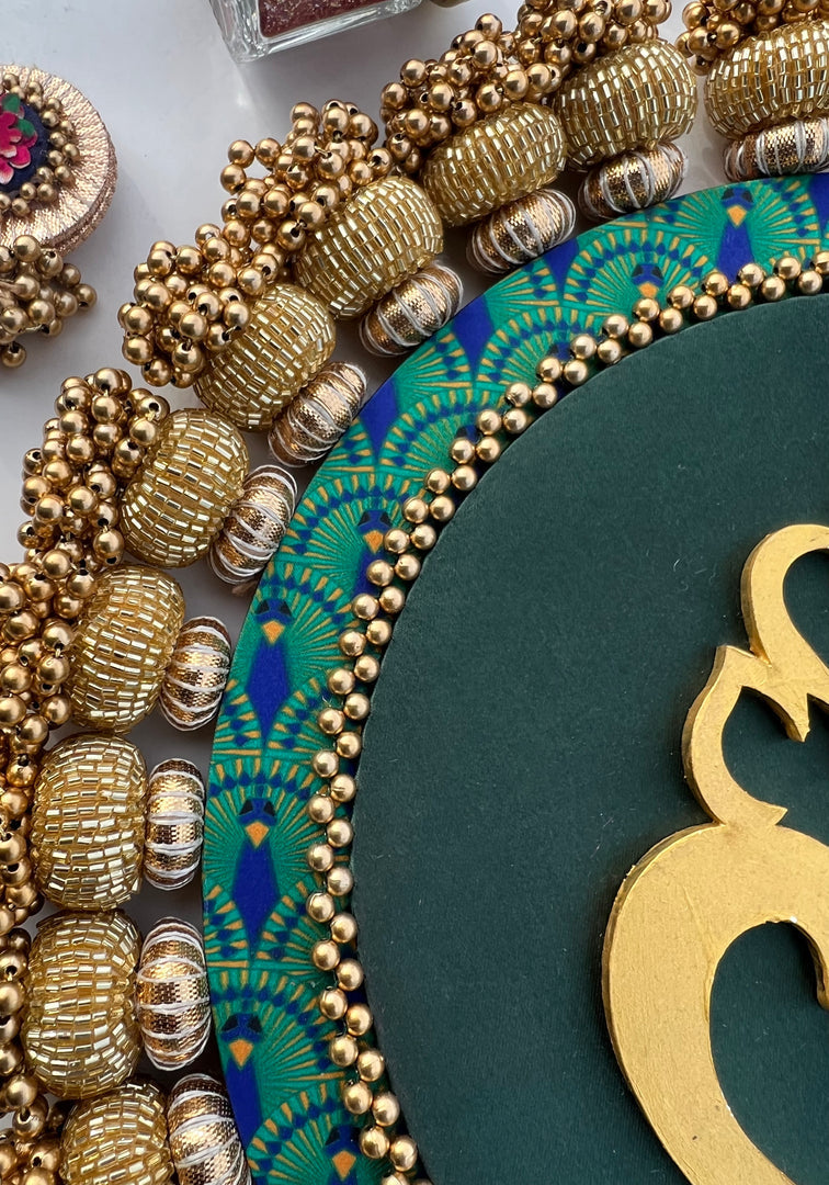 Ganesh Motif Platter + Hanging: Kamal Bandhej + Bottle Green Navratna Patola