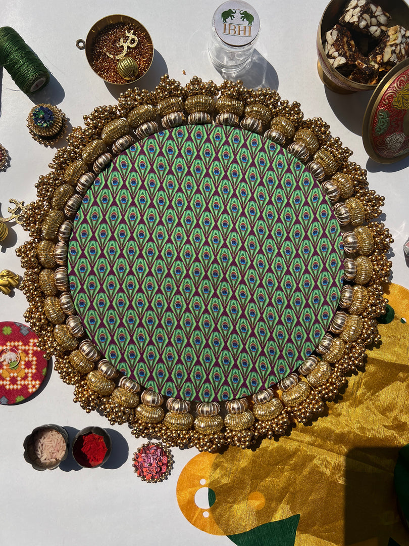 Ganesh Motif Platter + Hanging: Kamal Bandhej + Bottle Green Navratna Patola