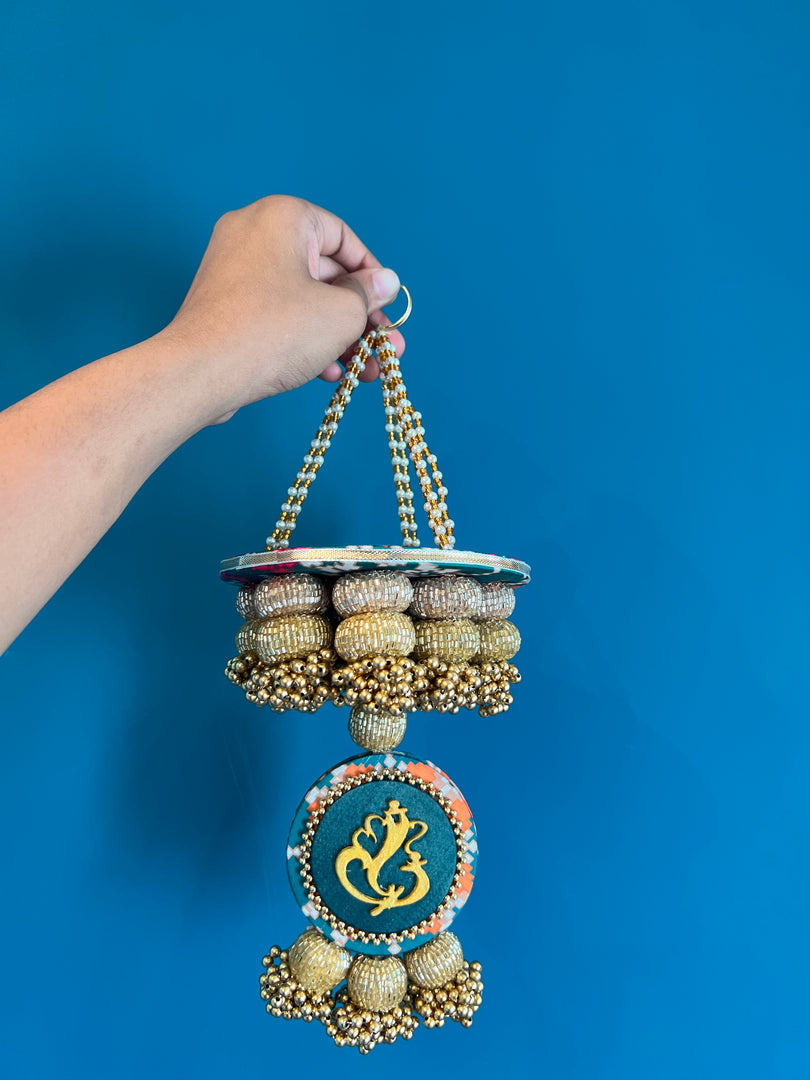 Golden Yellow Navratna Patola Ganesh Pearl Hanging