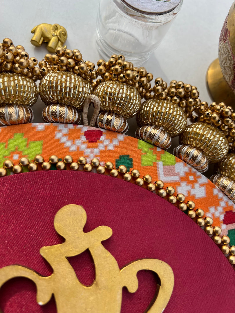 Ganesh Motif Platter + Hanging: Kamal Bandhej + Bottle Green Navratna Patola