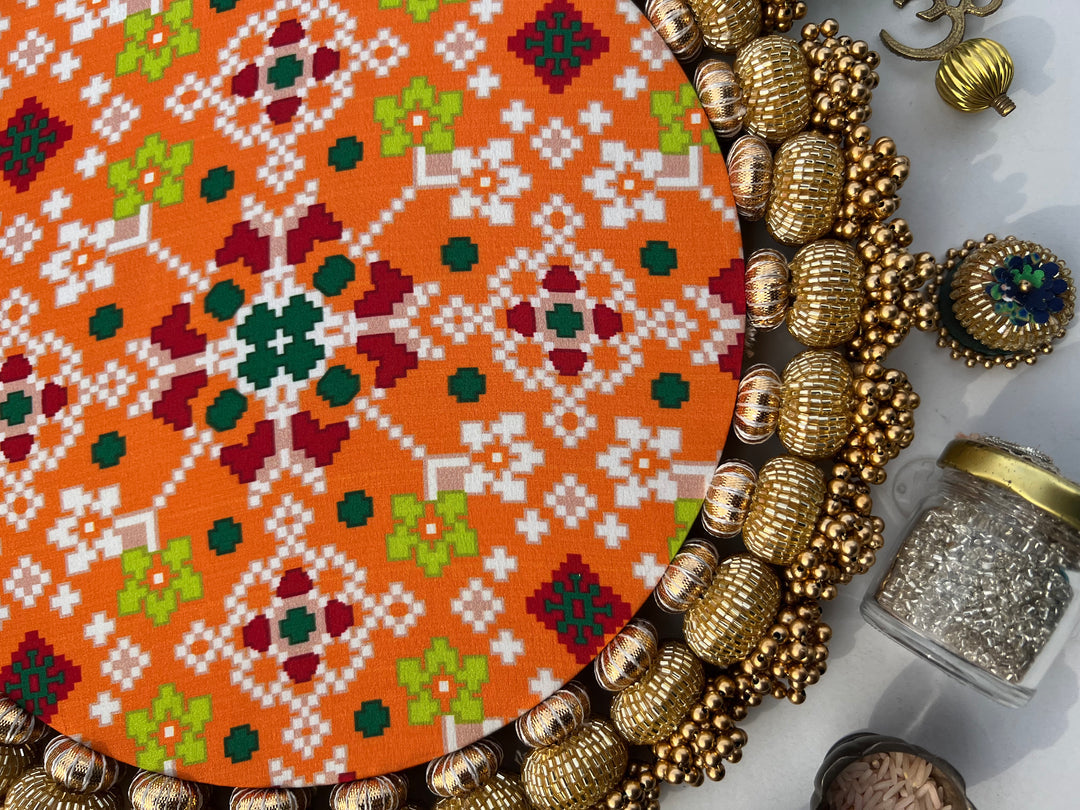 Ganesh Motif Platter + Hanging: Kamal Bandhej + Bottle Green Navratna Patola