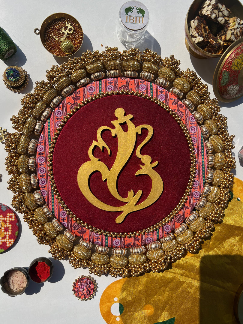 Ganesh Motif Platter + Hanging: Kamal Bandhej + Bottle Green Navratna Patola