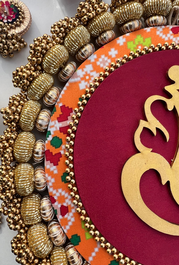 Ganesh Motif Platter + Hanging: Kamal Bandhej + Bottle Green Navratna Patola