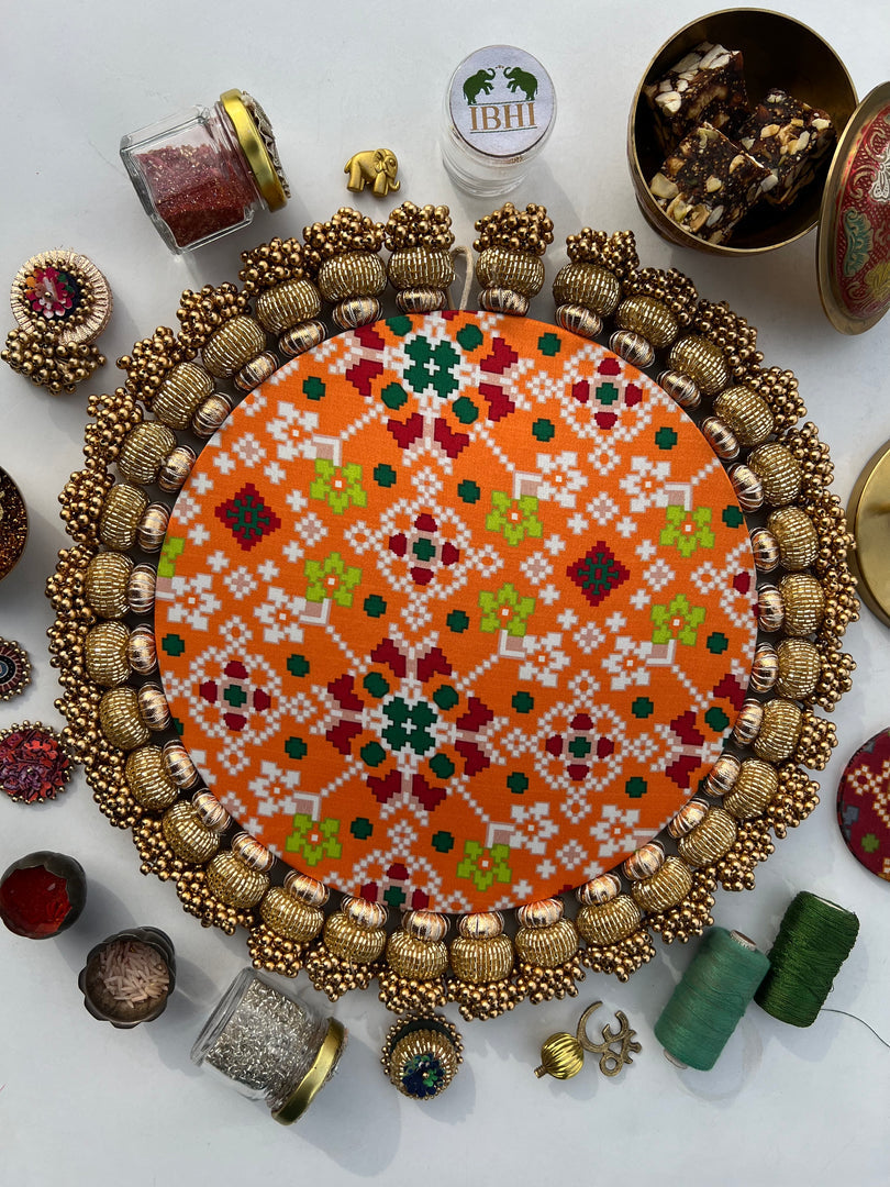 Ganesh Motif Platter + Hanging: Kamal Bandhej + Bottle Green Navratna Patola