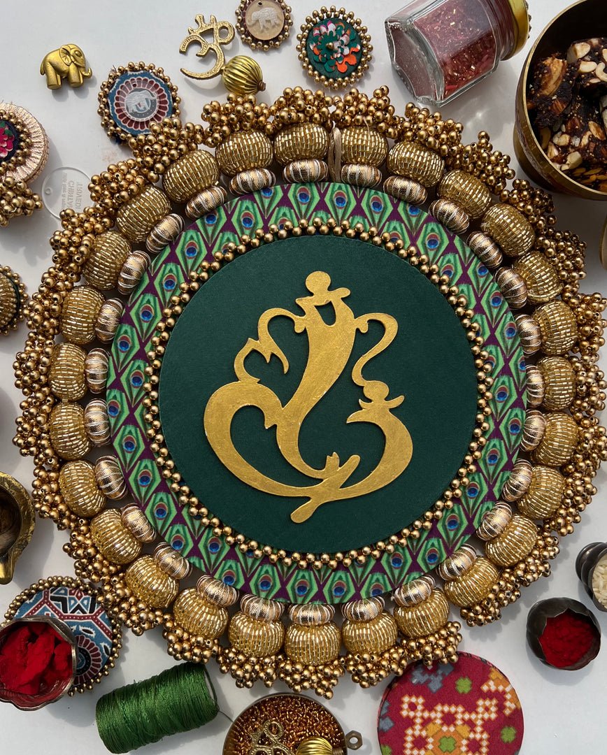 Mini Ganesh Platter: Lemon Yellow +  Vermillion Congruous Divine Pichwai