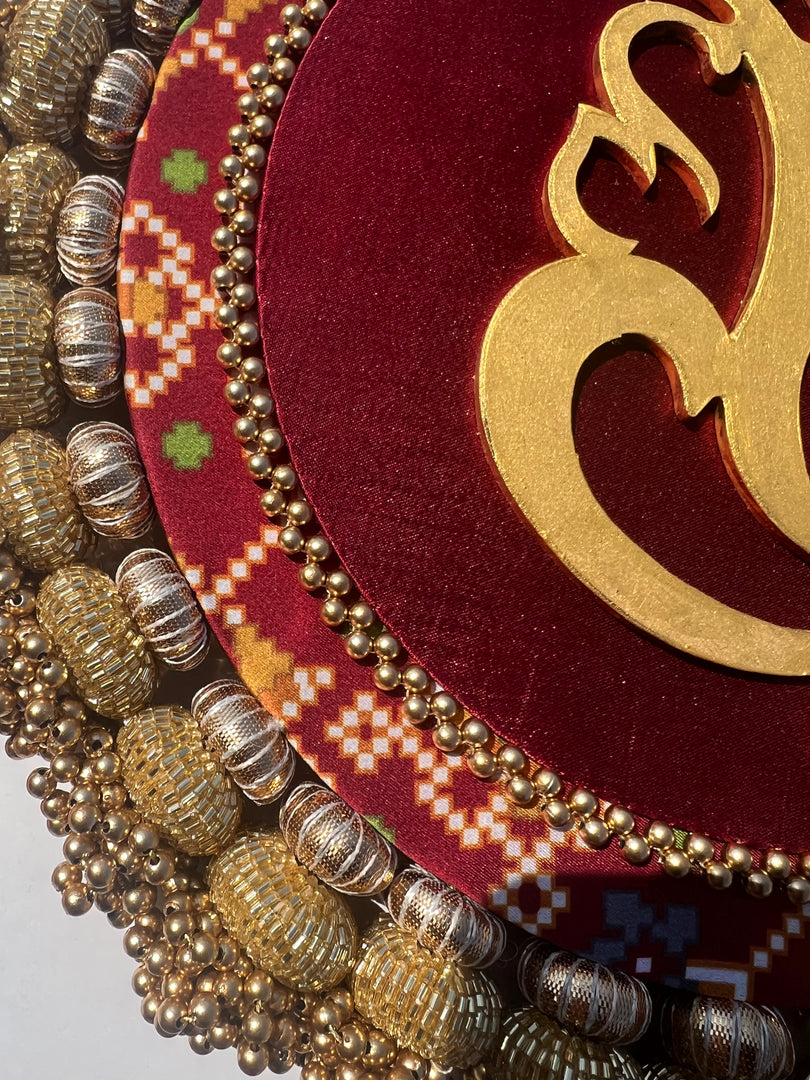 Ganesh Motif Platter + Hanging: Kamal Bandhej + Bottle Green Navratna Patola
