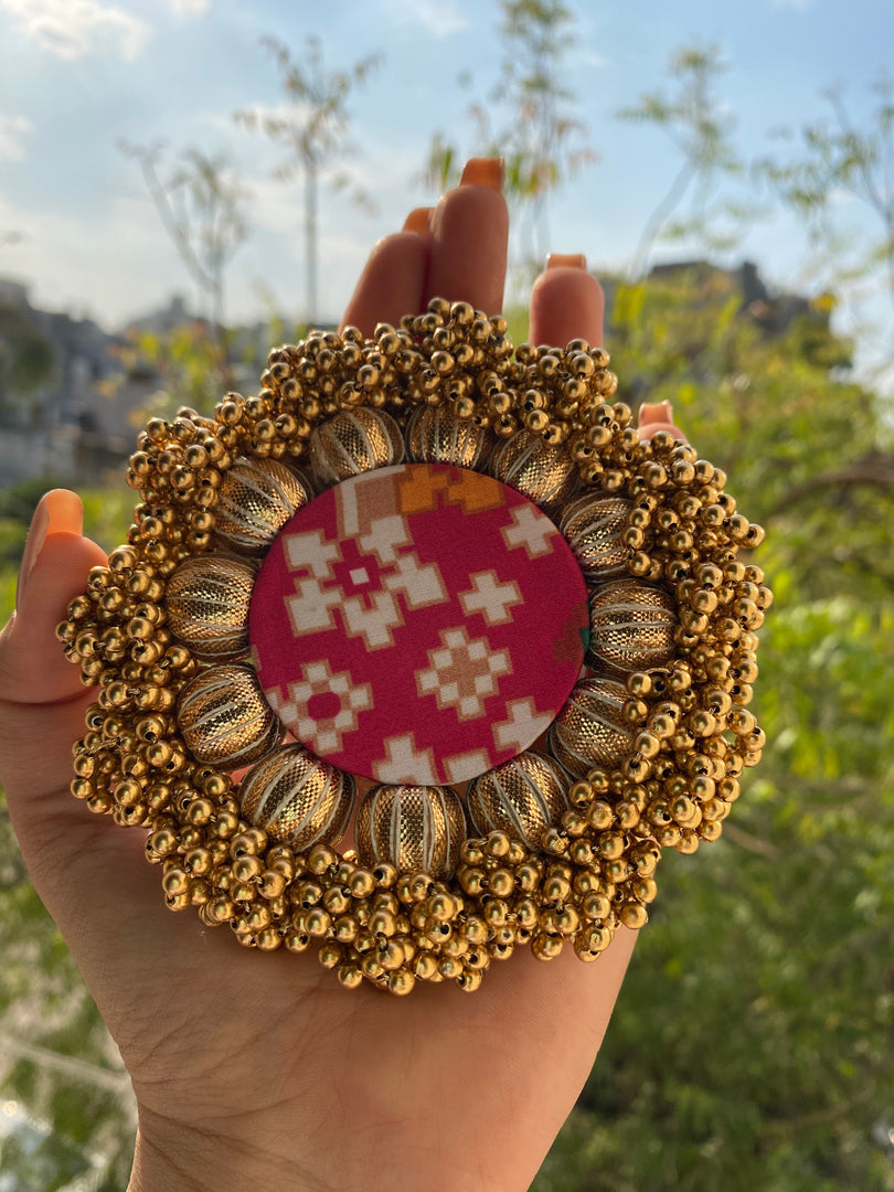 Tea Light Platter- Solid Pink + Pink Navratna Patola