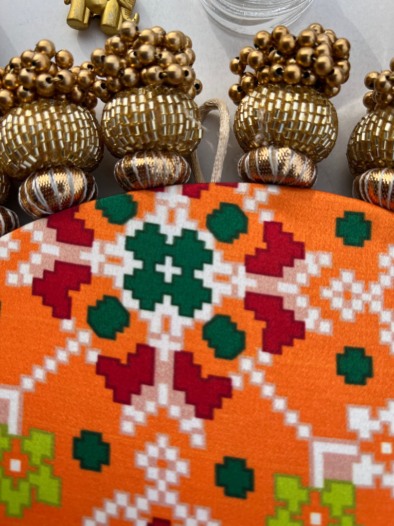 Ganesh Motif Platter + Hanging: Kamal Bandhej + Bottle Green Navratna Patola
