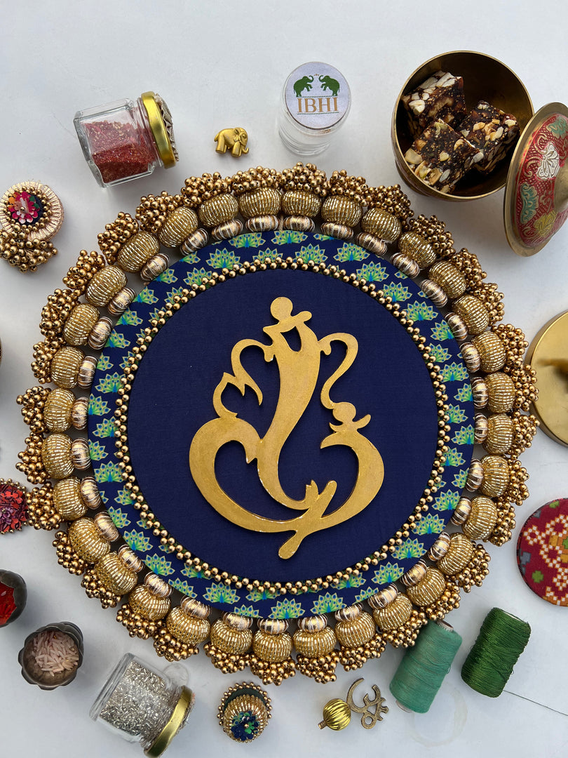 Ganesh Motif Platter + Hanging: Kamal Bandhej + Bottle Green Navratna Patola
