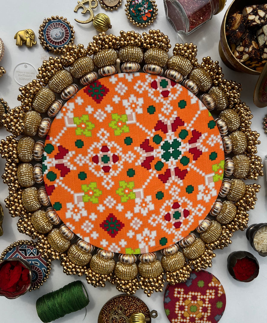 Mini Ganesh Platter: Lemon Yellow +  Vermillion Congruous Divine Pichwai
