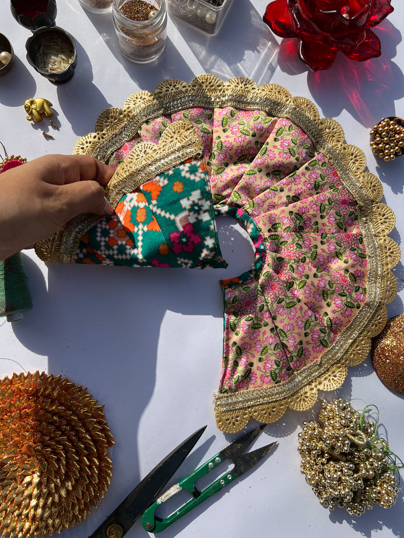 Two Way Pink Navratna Patola & Pastel Pistachio Inflorescence Divine Pichwai Scallop Poshak