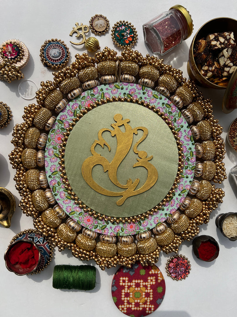 Mini Ganesh Platter: Lemon Yellow +  Vermillion Congruous Divine Pichwai