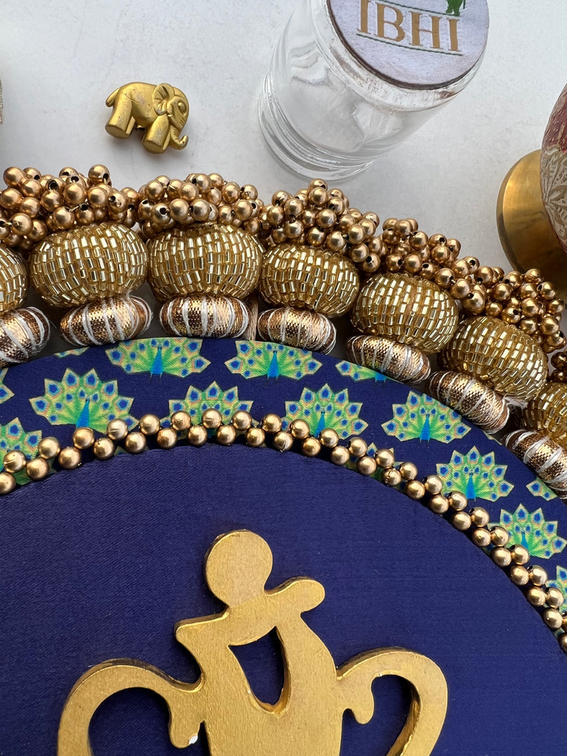 Ganesh Motif Platter + Hanging: Kamal Bandhej + Bottle Green Navratna Patola