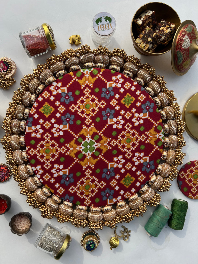 Ganesh Motif Platter + Hanging: Kamal Bandhej + Bottle Green Navratna Patola
