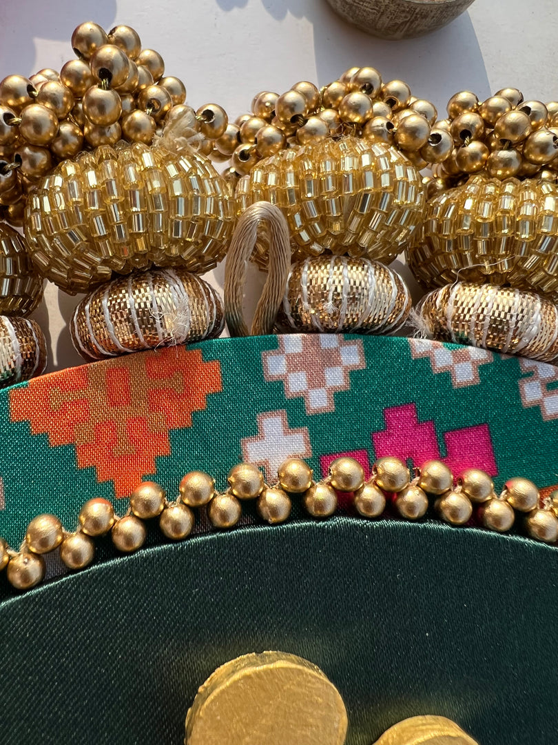 Ganesh Motif Platter + Hanging: Kamal Bandhej + Bottle Green Navratna Patola