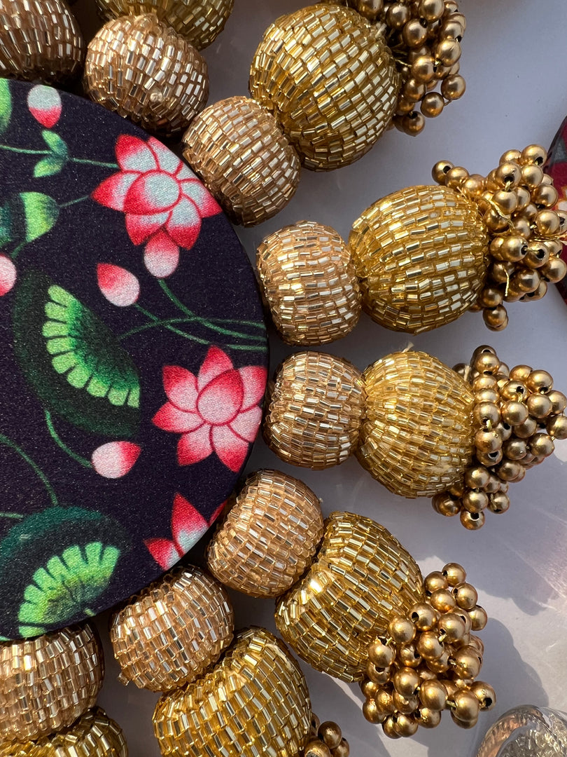 Spherical Chaandbali OG Inflorescence Divine Pichwai and Maroon Navratna Patola Diya Pallet
