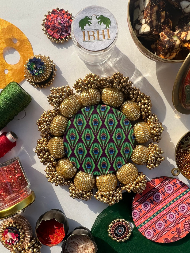 Spherical Mini Platter: Quill Mor Bani Thangat Kare + Bottle Green Navratna Patola