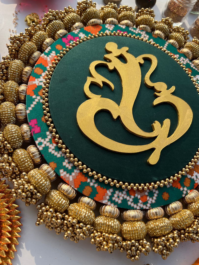Ganesh Motif Platter + Hanging: Kamal Bandhej + Bottle Green Navratna Patola