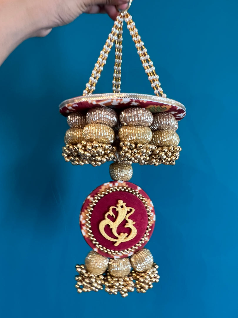 Golden Yellow Navratna Patola Ganesh Pearl Hanging