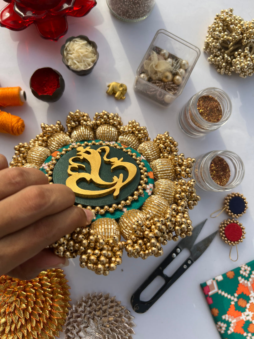 SPHERICAL GANESH Platter: Bottle Green Navratna Patola + Vermillion Congruous Divine Pichwai
