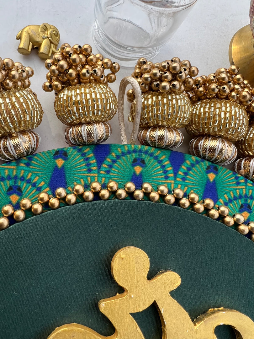 Ganesh Motif Platter + Hanging: Kamal Bandhej + Bottle Green Navratna Patola