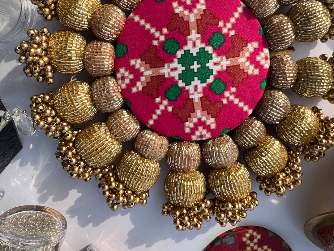 Spherical Chaandbali OG Inflorescence Divine Pichwai and Maroon Navratna Patola Diya Pallet