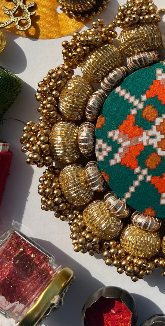 Chaandbali OM Platter: OG Inflorescence Divine Pichwai + Maroon Navratna Patola