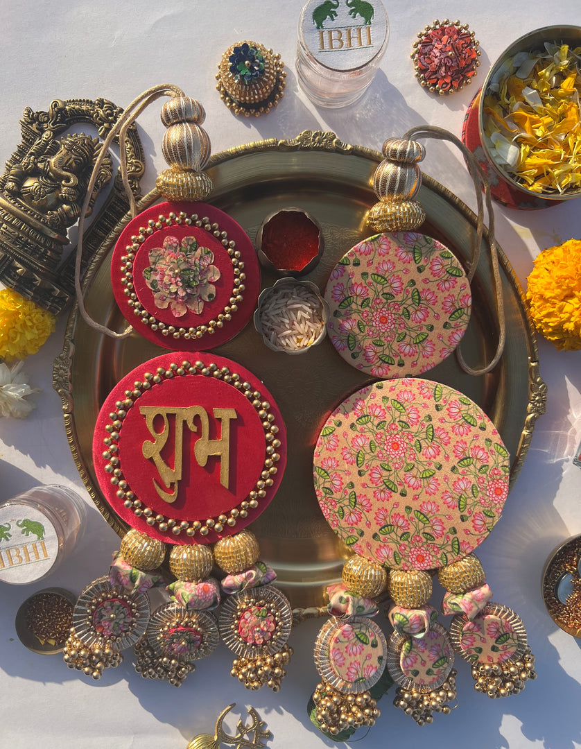 Vermillion Congruous Divine Pichwai Shubh Labh Floral Danglers