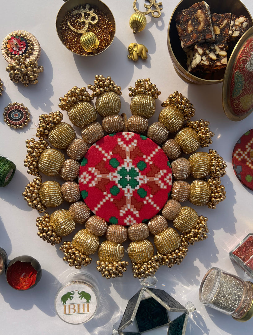 Spherical Chaandbali OG Inflorescence Divine Pichwai and Maroon Navratna Patola Diya Pallet