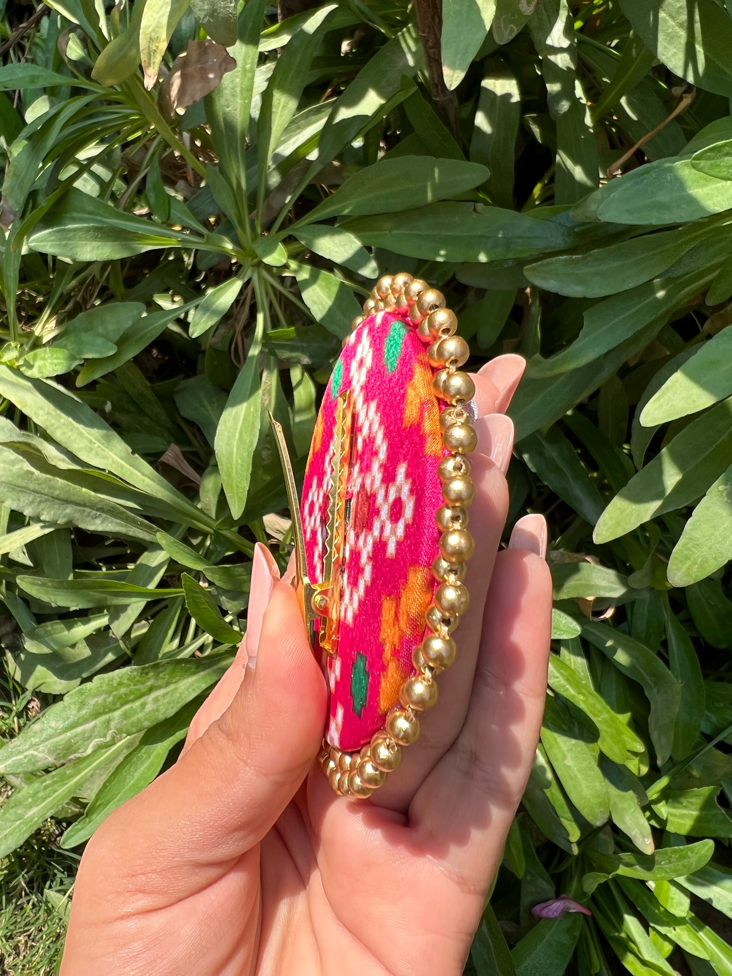 Enchanted Pink Navratna Patola Beaded Juda Brooch