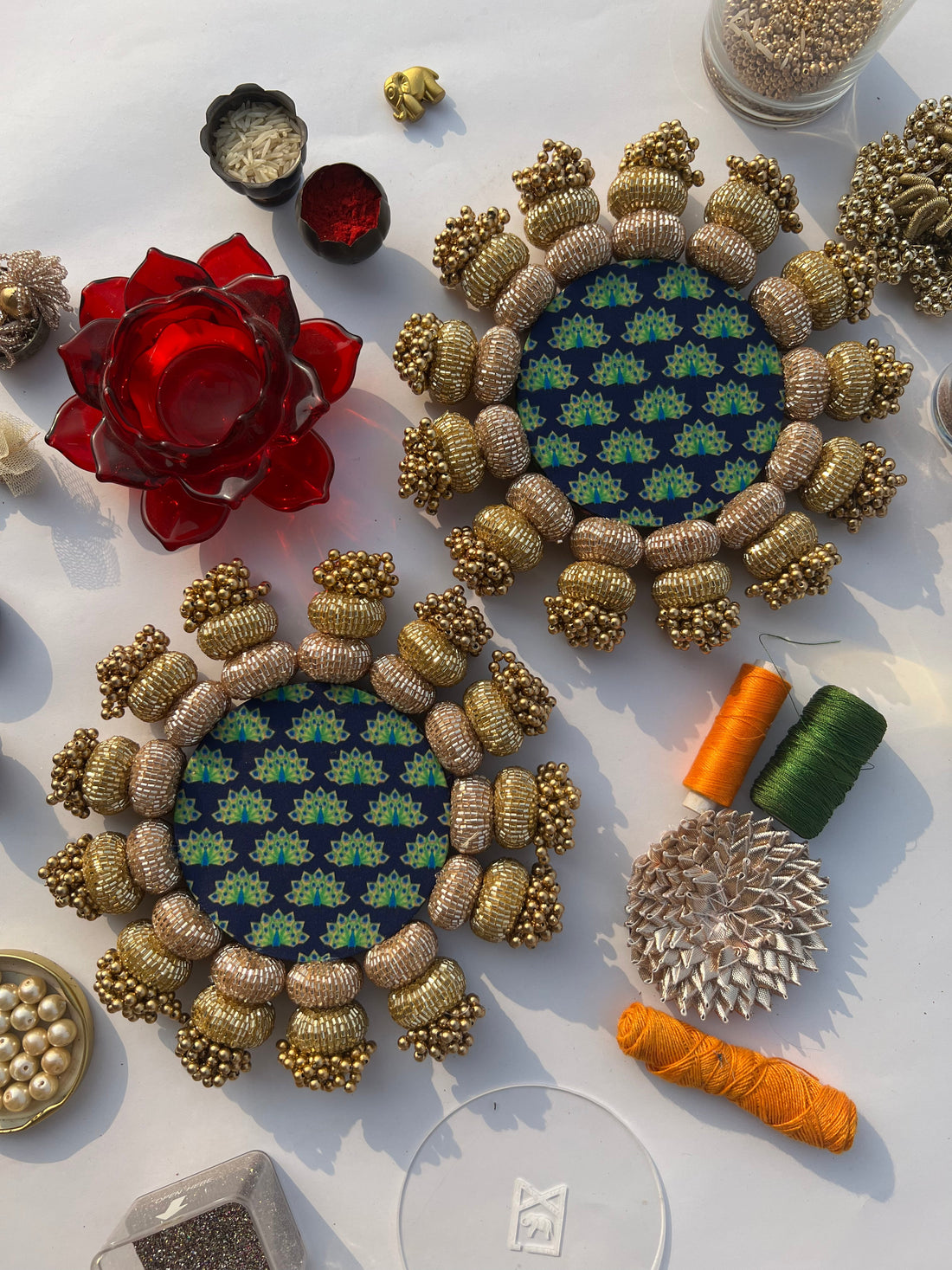 Chaandbali Pastel Pistachio Inflorescence Divine Pichwai and Flare MORBANI THANGAT KARERangoli + Diya Platters