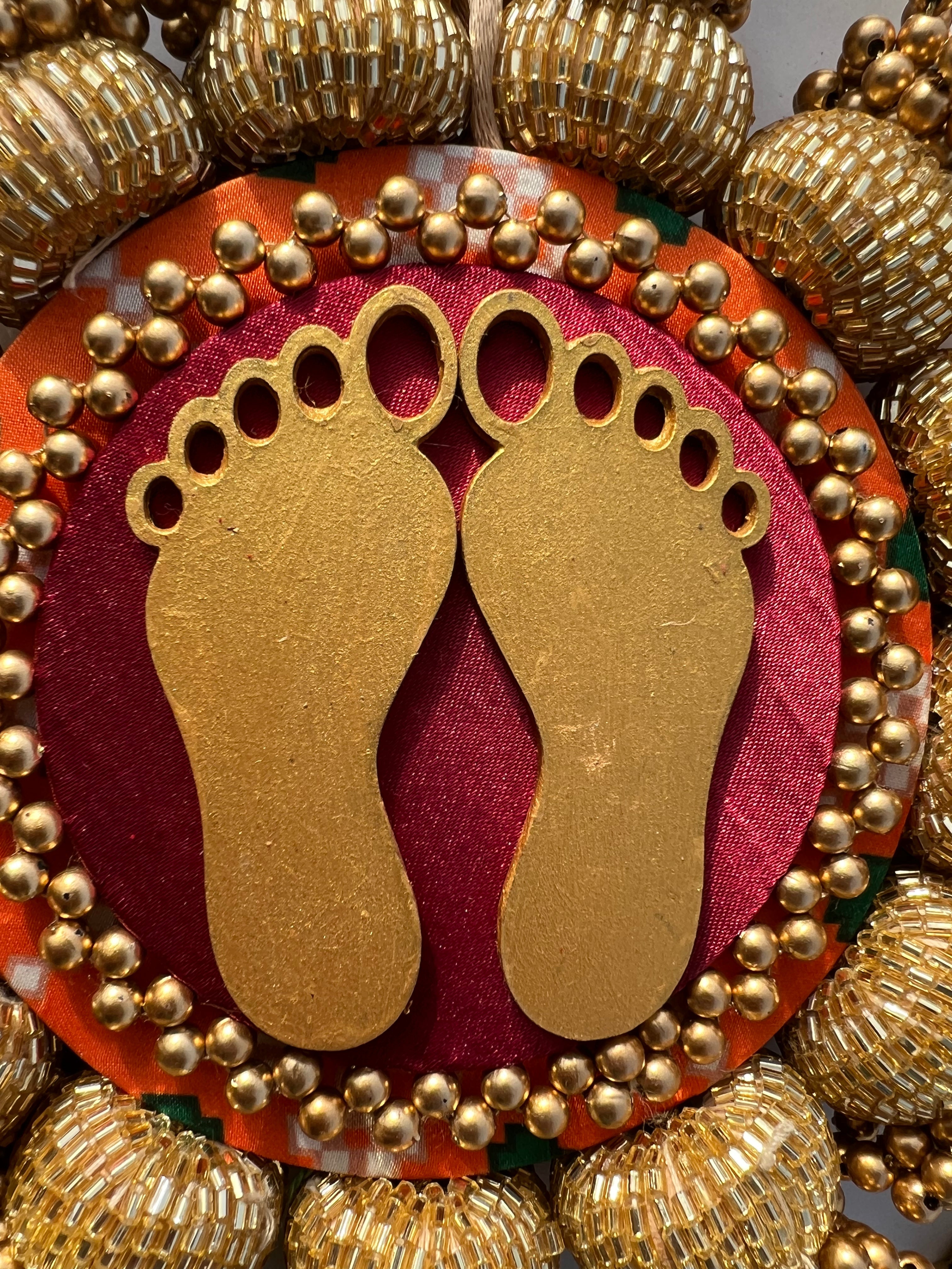 Lakshmi Pagla Platter + Hanging: Golden Yellow Navratna Patola + Vermillion Congruous Divine Pichwai