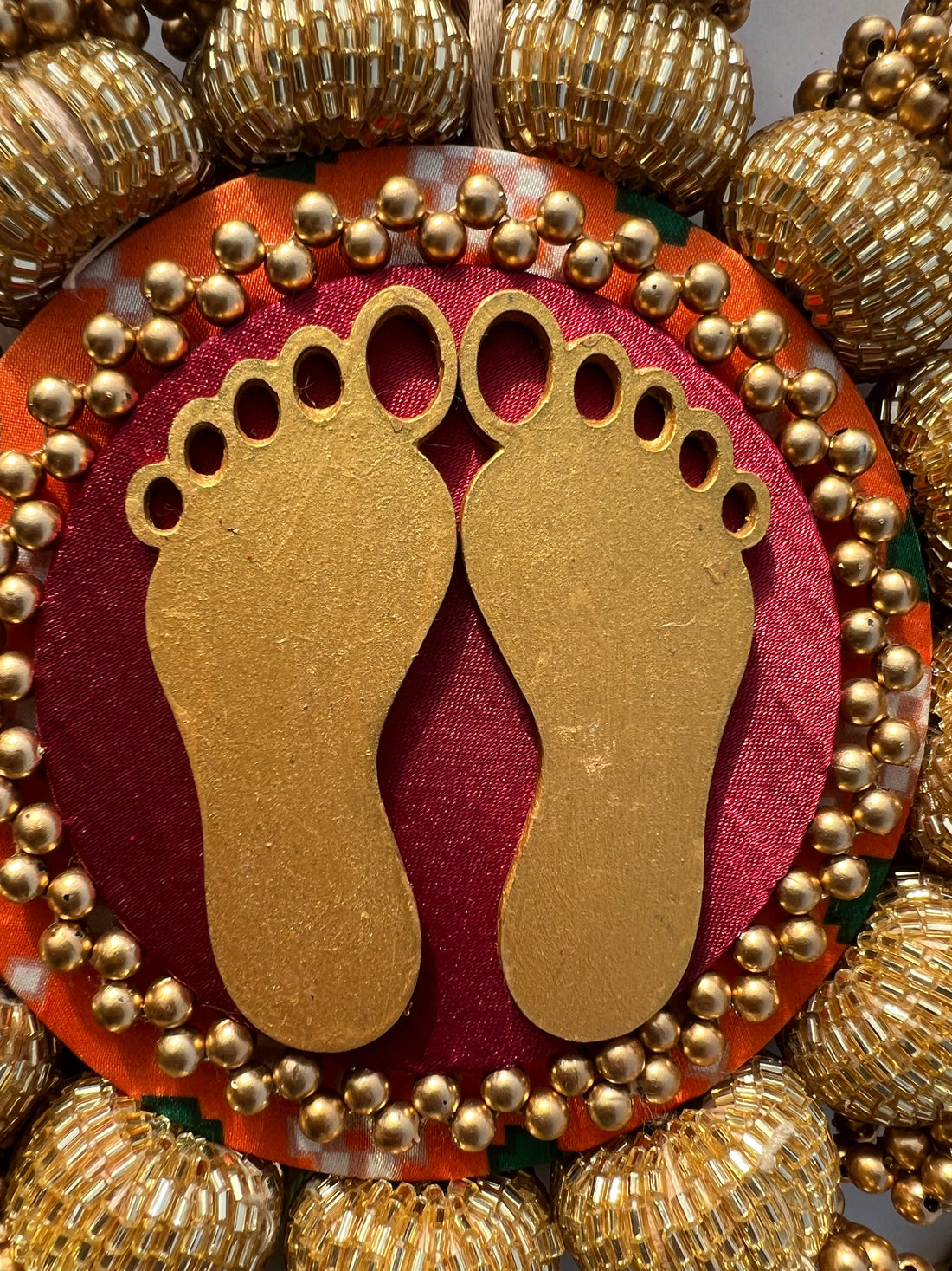 Lakshmi Pagla Platter + Hanging: Golden Yellow Navratna Patola + Vermillion Congruous Divine Pichwai