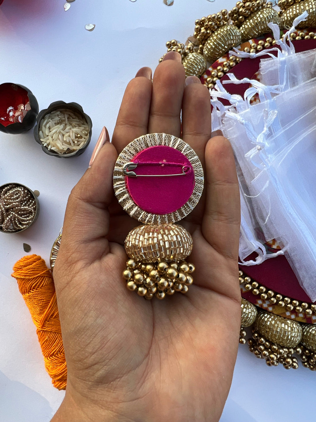 Enchanted Pink Navratna Patola Beaded Brooch