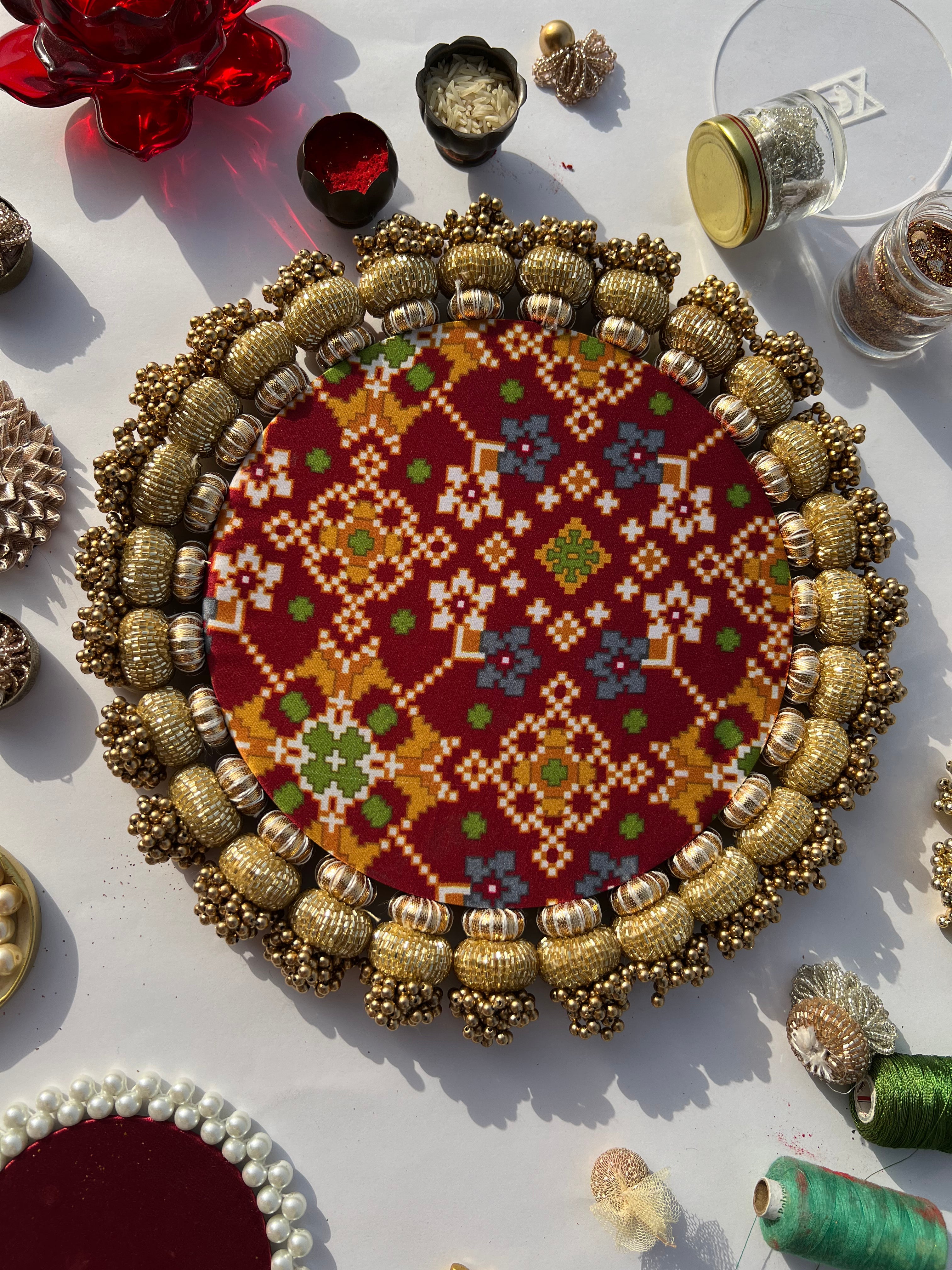 Flat Gota Chaandbali Maroon Navratna Patola & Pastel Pistachio Inflorescence Divine Pichwai Rangoli
