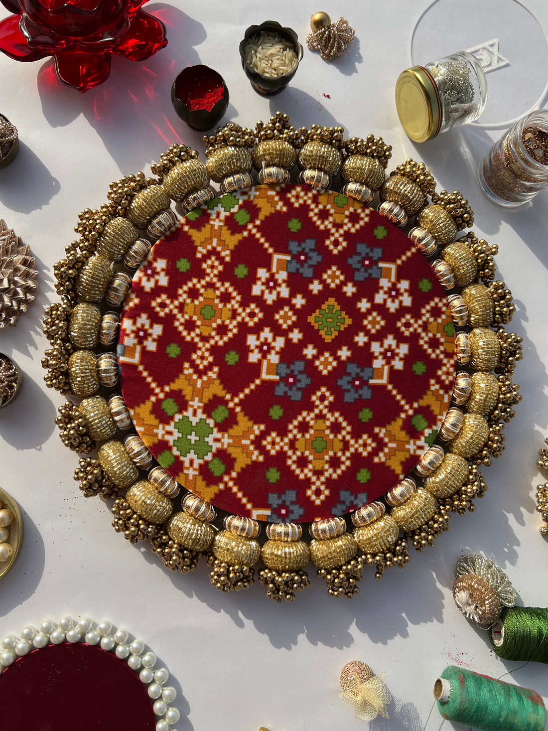 Flat Gota Chaandbali Maroon Navratna Patola & Pastel Pistachio Inflorescence Divine Pichwai Rangoli