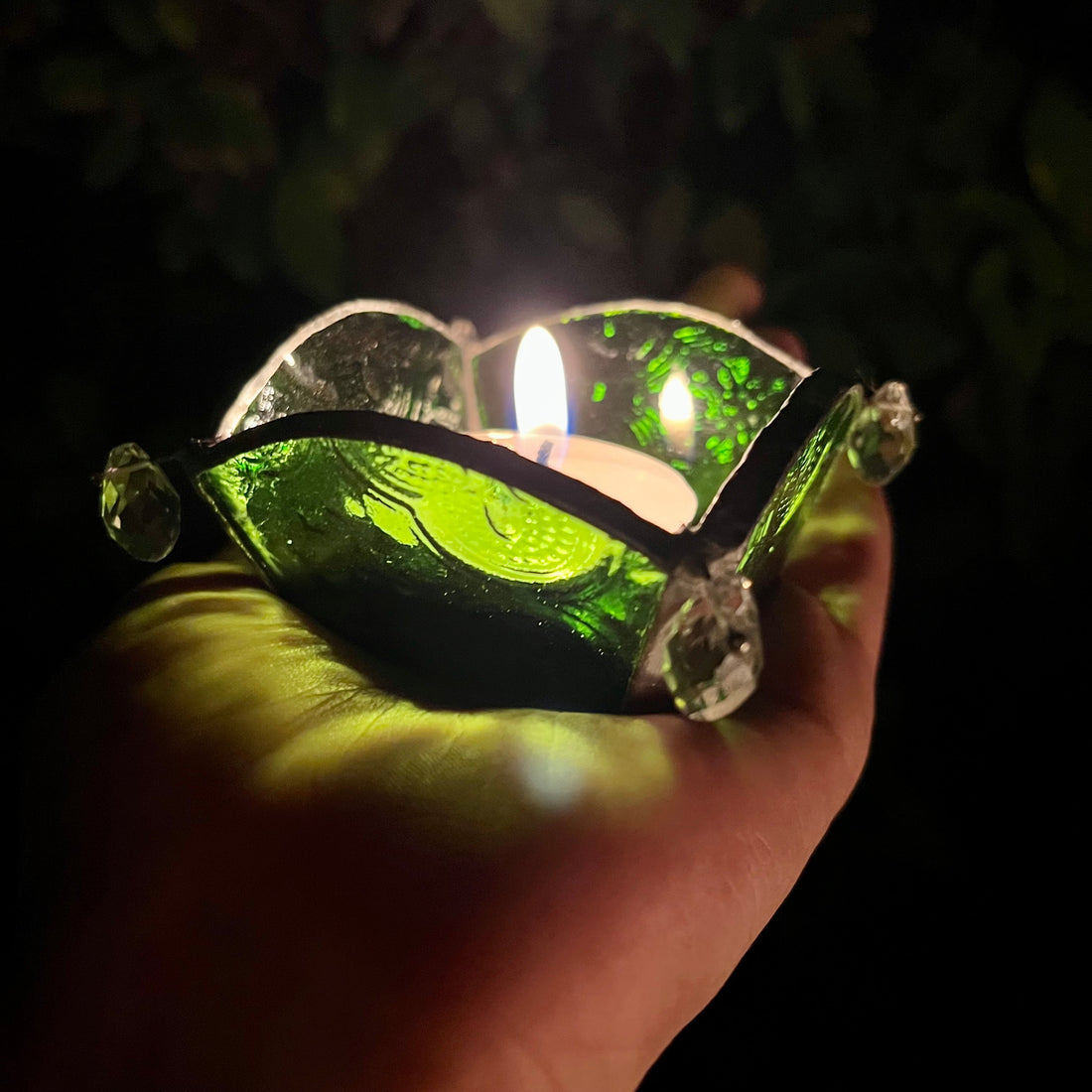 Emerald Green Textured Glass Diya - Set of 2