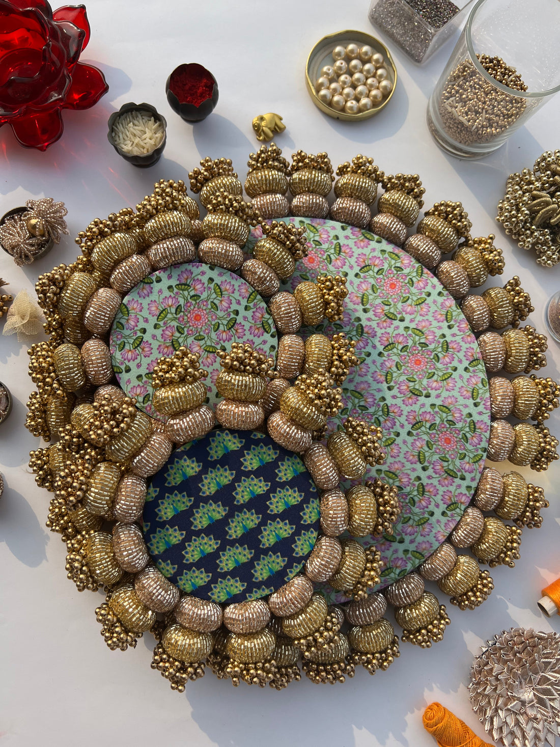 Chaandbali Pastel Pistachio Inflorescence Divine Pichwai and Flare MORBANI THANGAT KARERangoli + Diya Platters
