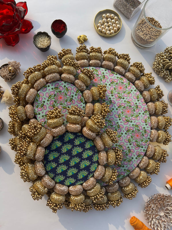 Chaandbali Pastel Pistachio Inflorescence Divine Pichwai and Flare MORBANI THANGAT KARERangoli + Diya Platters