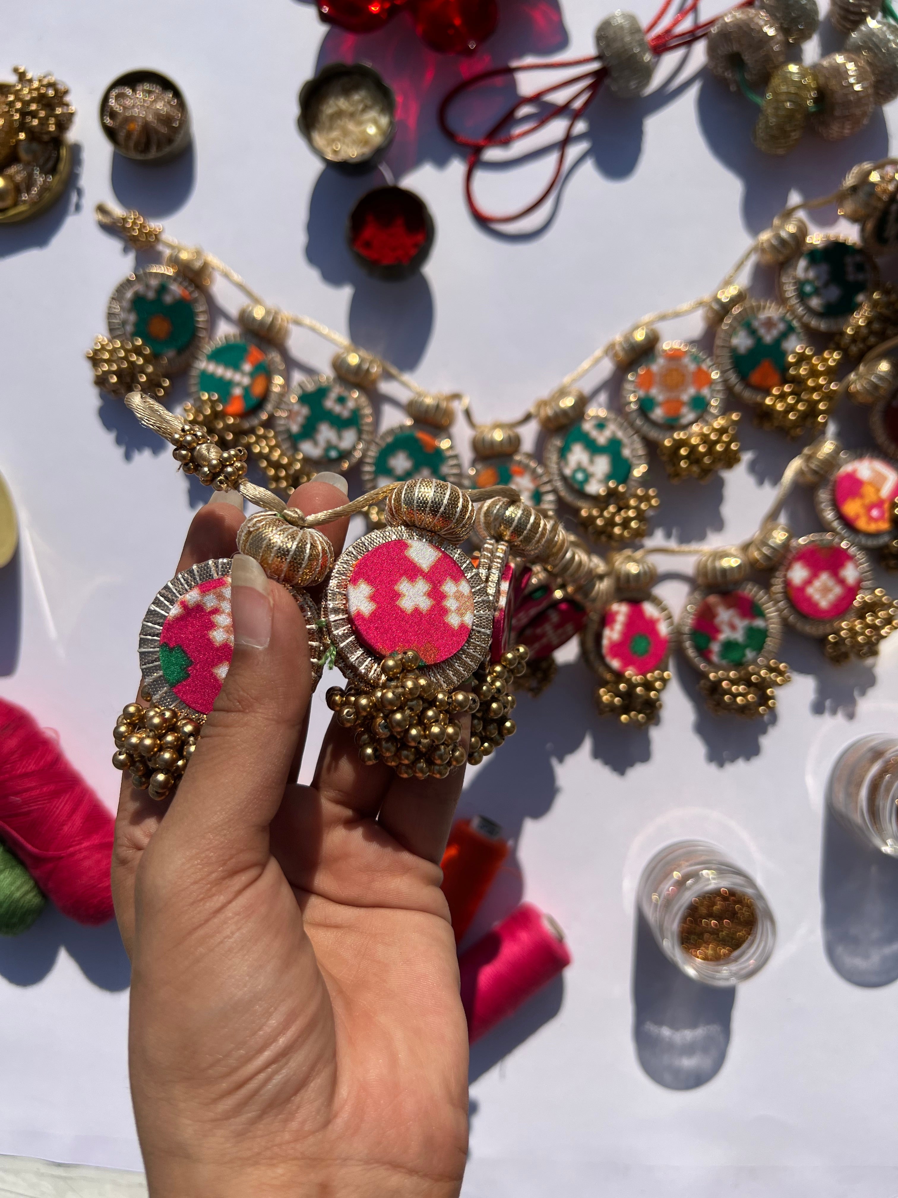 CANNOT NOT LIKE Bottle Green & Pink Navratna Patola Ensemble