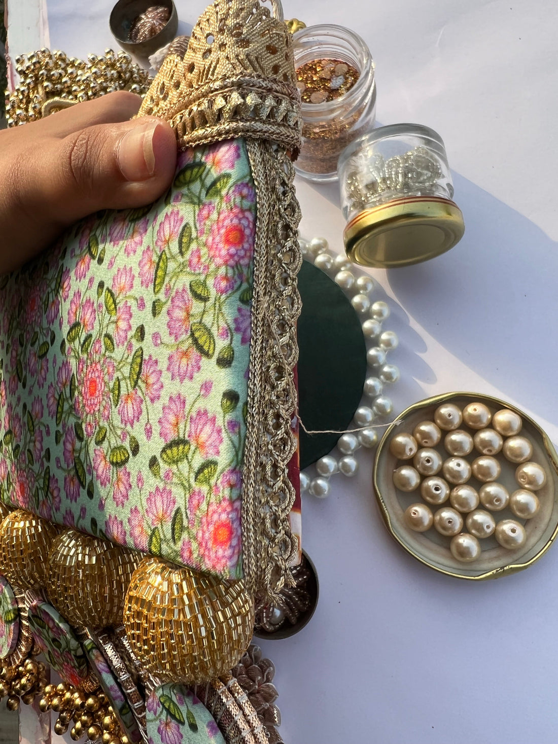Spherical Enchanted Lumba: Maroon Navratna Patola & Pastel Pistachio Inflorescence Divine Pichwai Two Way Toran