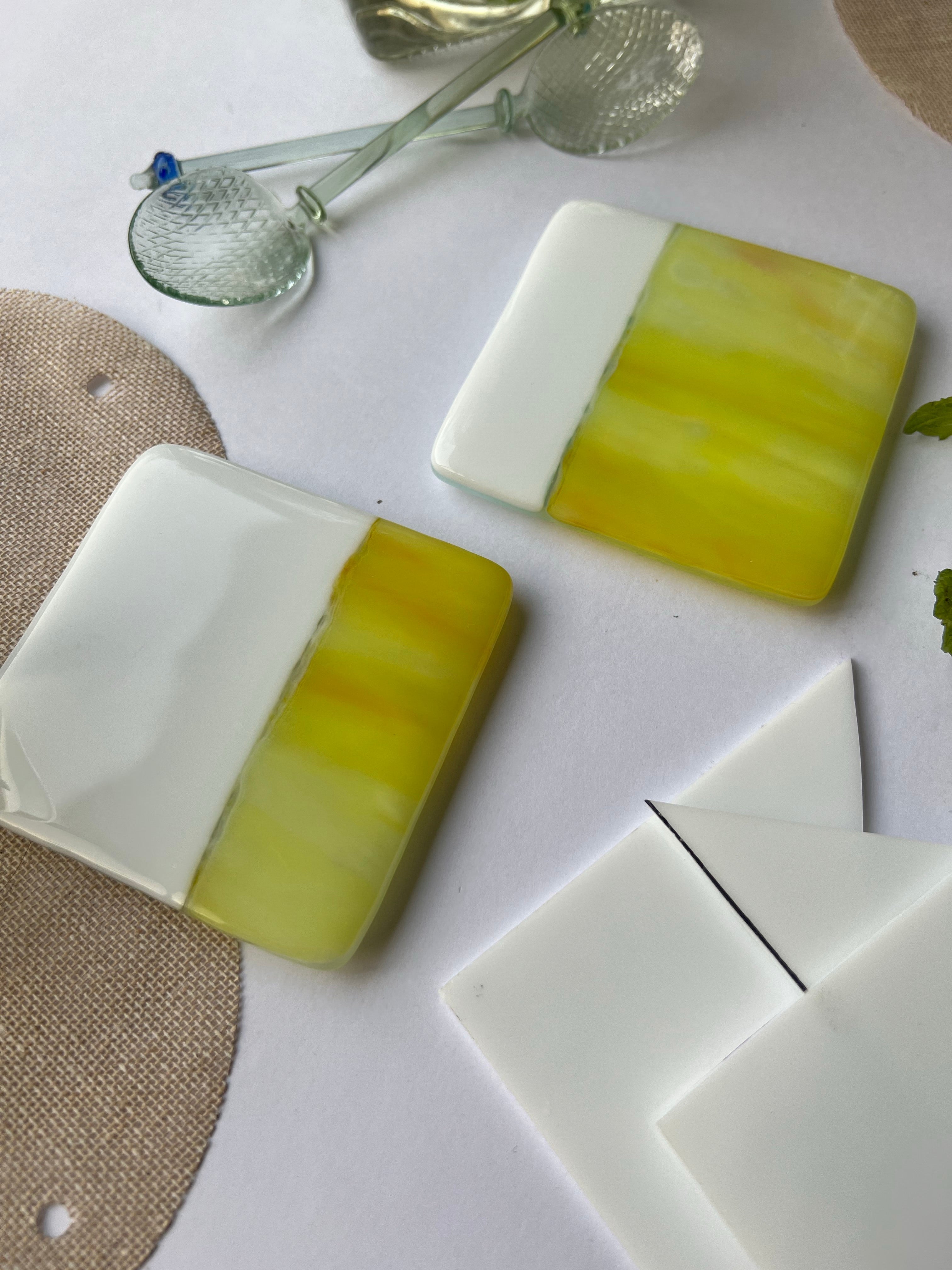 Flaxen Green & Solid Milk White Fused-Glass Coasters