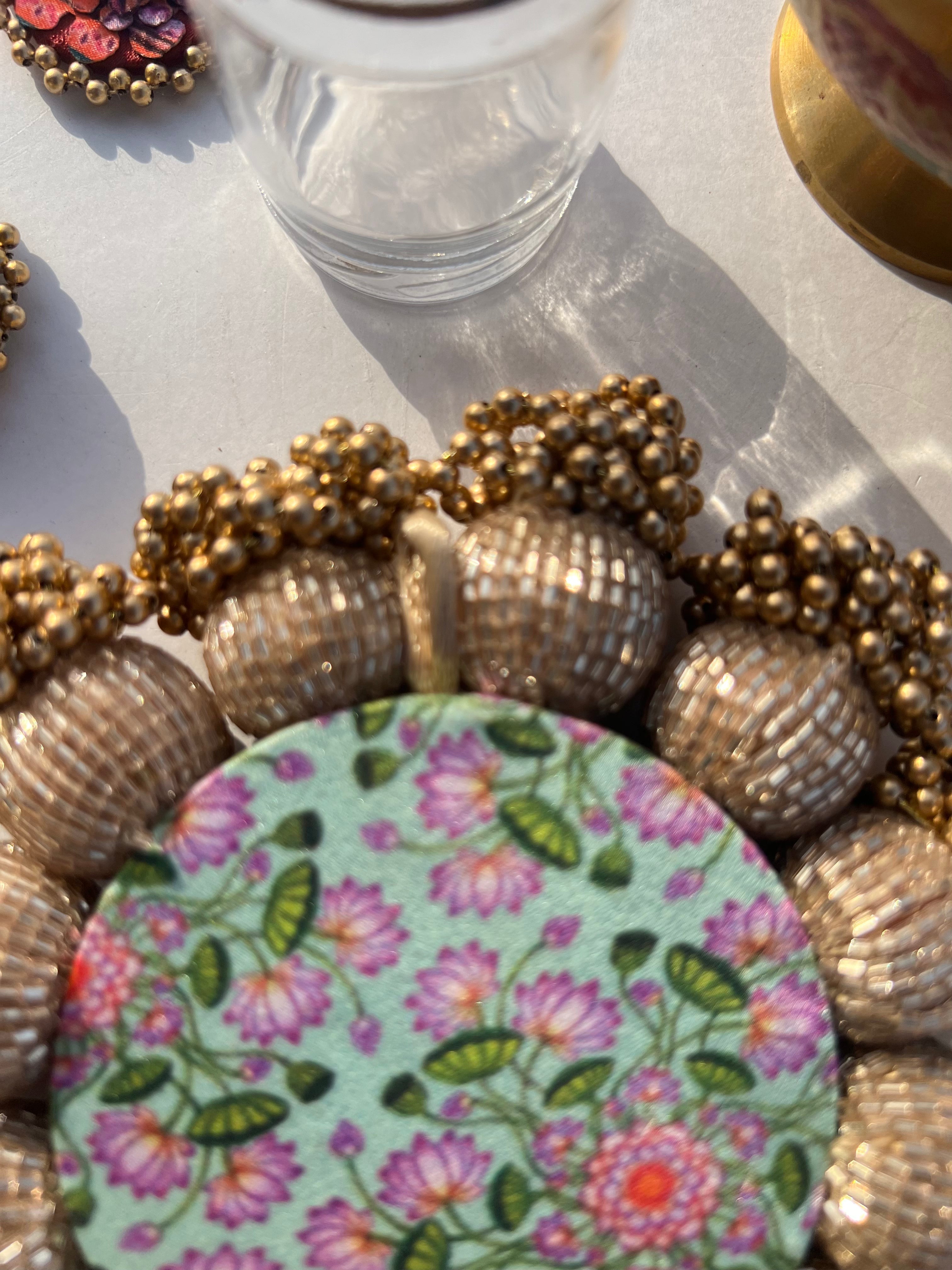 Spherical Mini Pallet: Flare Mor Bani Thangat Kare + Pastel Pistachio Inflorescence Divine Pichwai