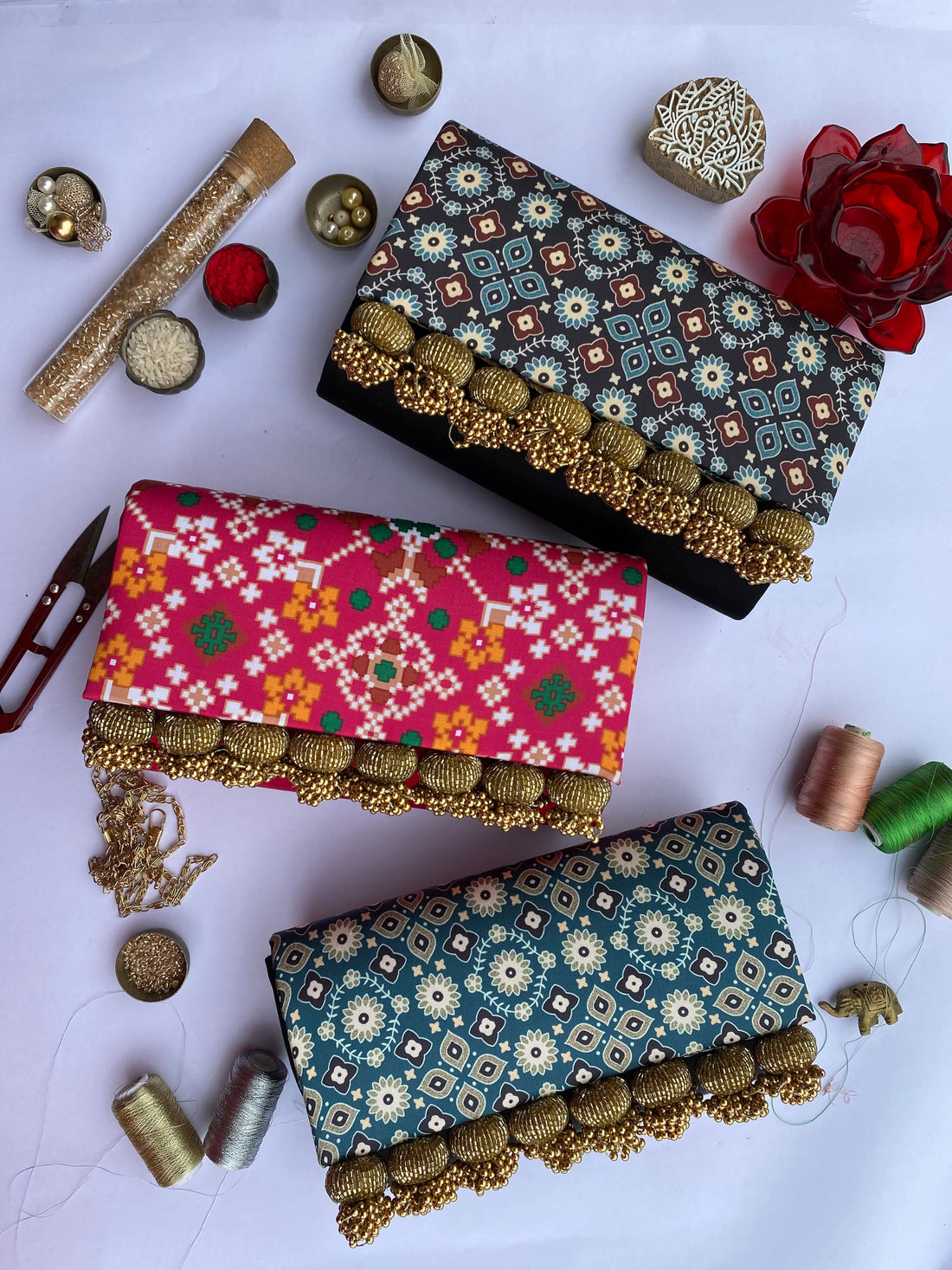 Set of 3 Micro Beaded Clutch X Solid Complimenting Silk