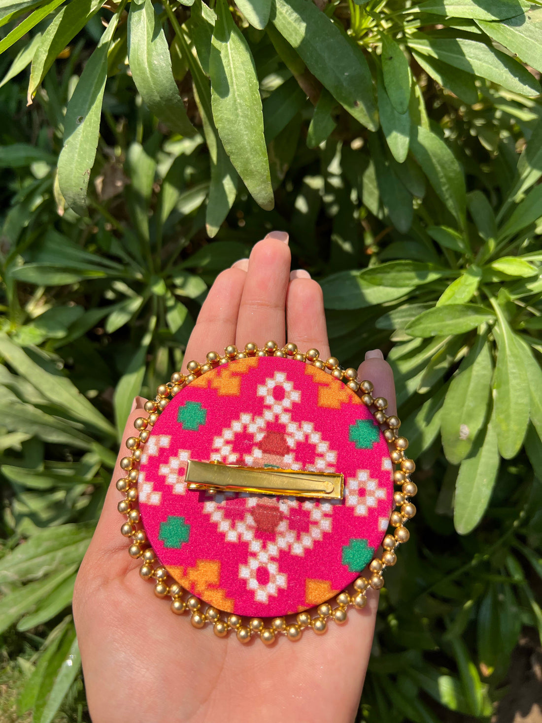 Enchanted Pink Navratna Patola Beaded Juda Brooch